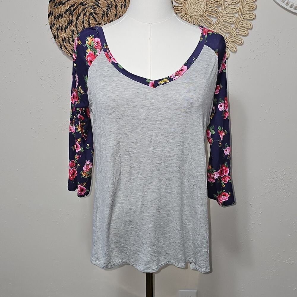 Brenda's Navy Blue Pink Floral Sleeve Gray Tee Womens L Coquette Girly Feminine